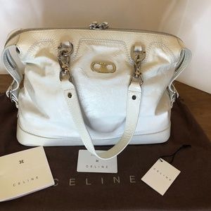 Celine Vintage Large White Patent Leather Shoulder Bag Tote